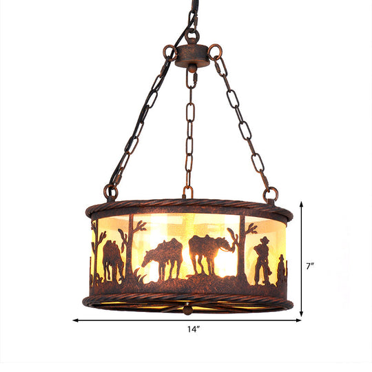 Vintage 3-Bulb Ceiling Lamp: Metal/Fabric Drum Shade Chandelier Pendant Light With Animal Pattern