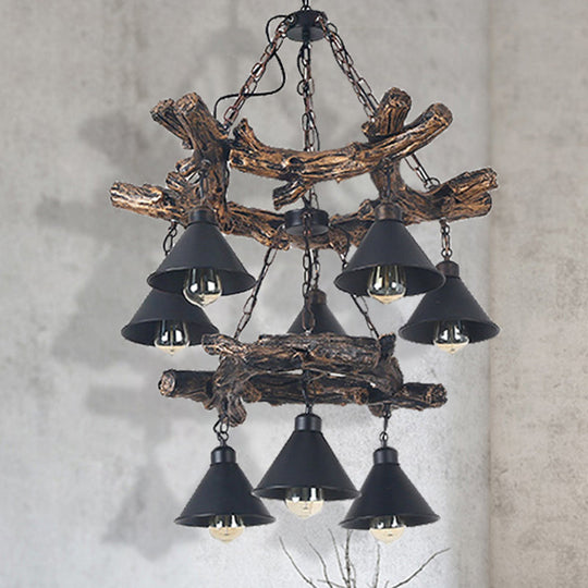 Black Industrial Metal Cone Chandelier - Stylish Hanging Lamp for Dining Room - 3/5/8 Lights with Resin Shelf