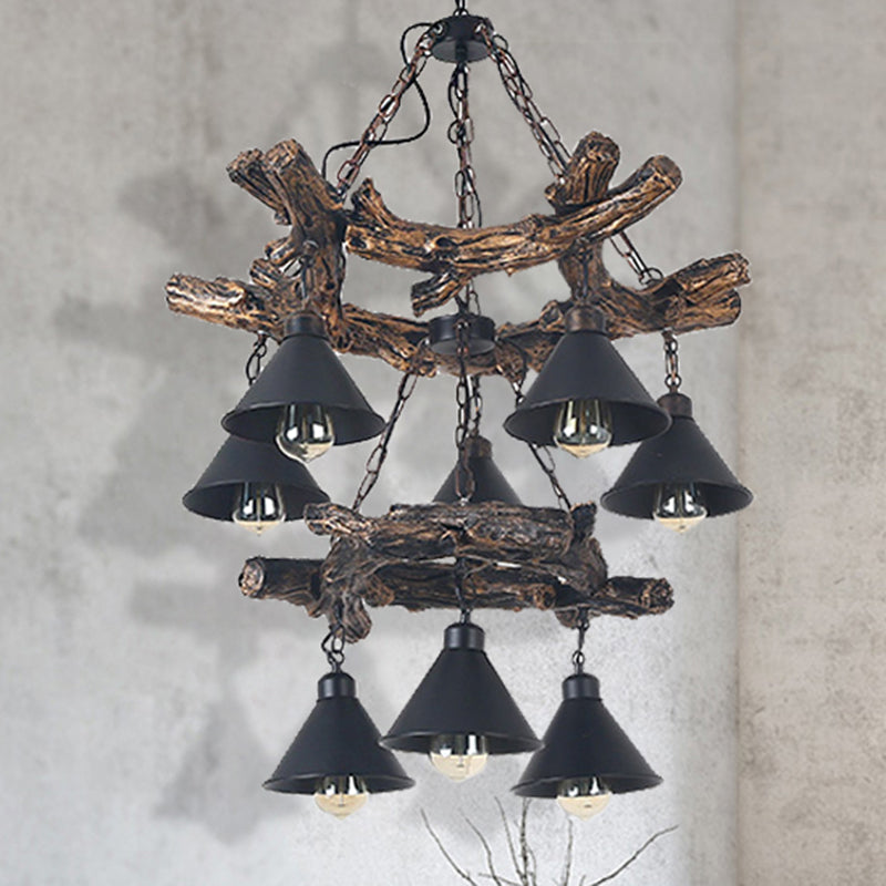 Industrial Black Cone Chandelier: Metal Dining Room Hanging Light With Resin Shelf Available In