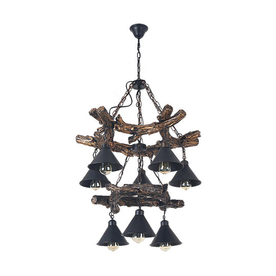 Black Industrial Metal Cone Chandelier - Stylish Hanging Lamp for Dining Room - 3/5/8 Lights with Resin Shelf