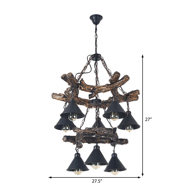 Black Industrial Metal Cone Chandelier - Stylish Hanging Lamp for Dining Room - 3/5/8 Lights with Resin Shelf