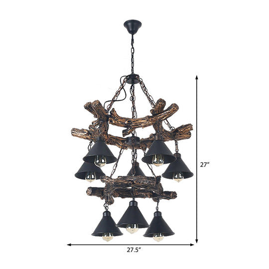 Black Industrial Metal Cone Chandelier - Stylish Hanging Lamp for Dining Room - 3/5/8 Lights with Resin Shelf