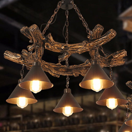 Black Industrial Metal Cone Chandelier - Stylish Hanging Lamp for Dining Room - 3/5/8 Lights with Resin Shelf