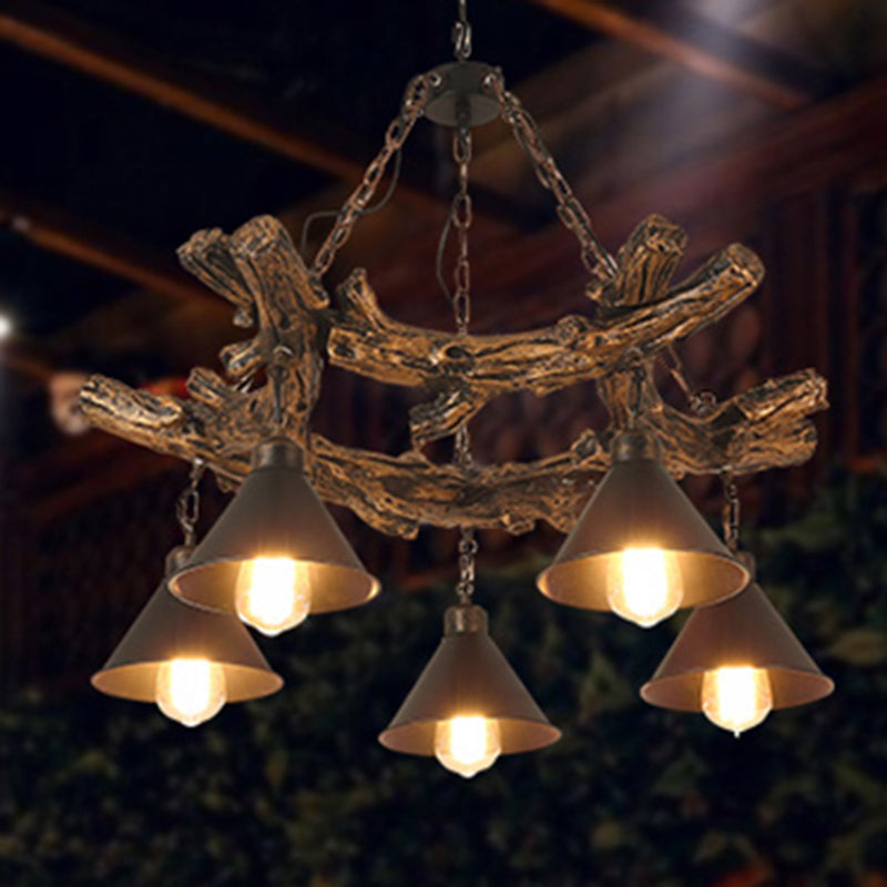 Industrial Black Cone Chandelier: Metal Dining Room Hanging Light With Resin Shelf Available In