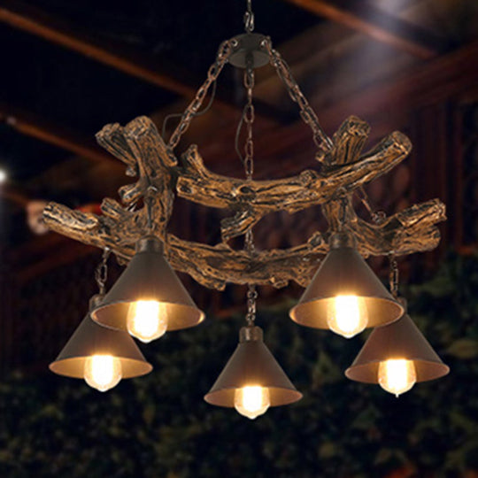 Industrial Black Cone Chandelier: Metal Dining Room Hanging Light With Resin Shelf Available In