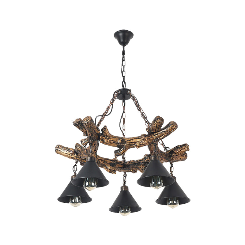 Black Industrial Metal Cone Chandelier - Stylish Hanging Lamp for Dining Room - 3/5/8 Lights with Resin Shelf