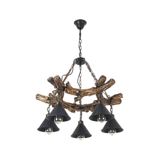 Industrial Black Cone Chandelier: Metal Dining Room Hanging Light With Resin Shelf Available In