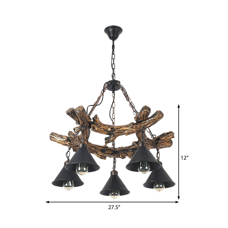 Black Industrial Metal Cone Chandelier - Stylish Hanging Lamp for Dining Room - 3/5/8 Lights with Resin Shelf