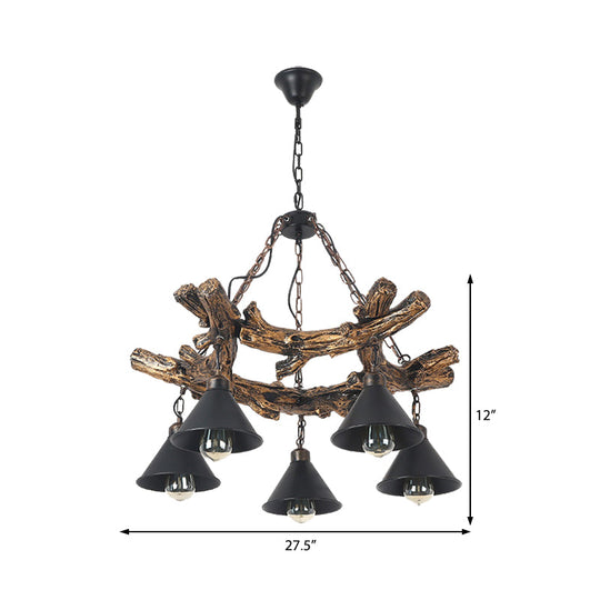 Industrial Black Cone Chandelier: Metal Dining Room Hanging Light With Resin Shelf Available In