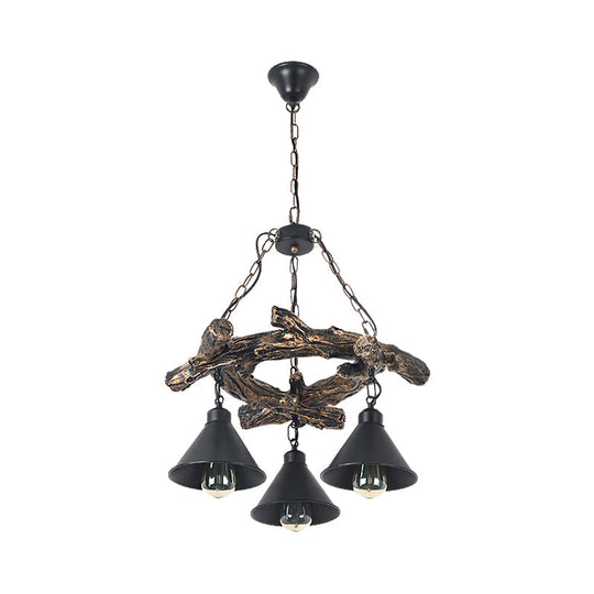 Black Industrial Metal Cone Chandelier - Stylish Hanging Lamp for Dining Room - 3/5/8 Lights with Resin Shelf