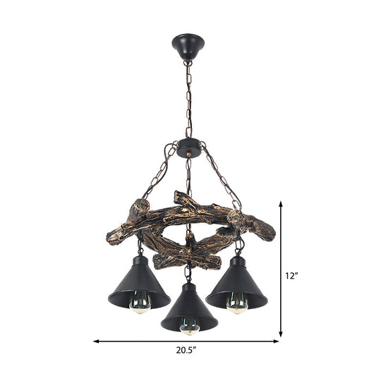 Industrial Black Cone Chandelier: Metal Dining Room Hanging Light With Resin Shelf Available In