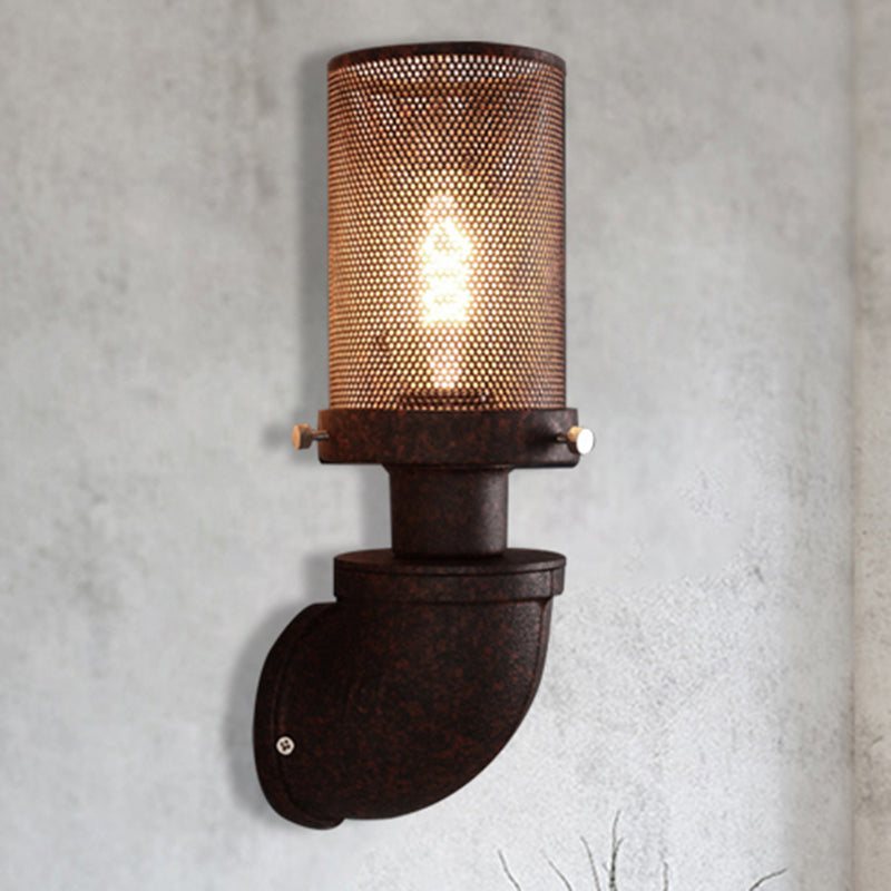 Industrial Rust Caged Metal Wall Lamp - 1-Light Cylinder Sconce For Dining Room Fixture