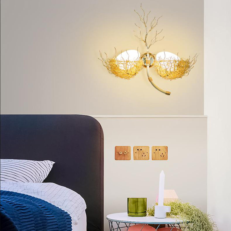 Modern White Glass Egg Sconce With Gold Nest Design - Wall Mounted Bedside Light 19.5/25.5 Wide /