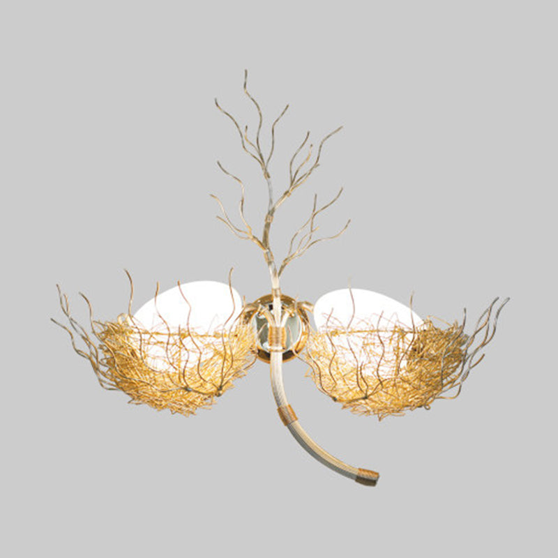 Modern White Glass Egg Sconce With Gold Nest Design - Wall Mounted Bedside Light 19.5/25.5 Wide