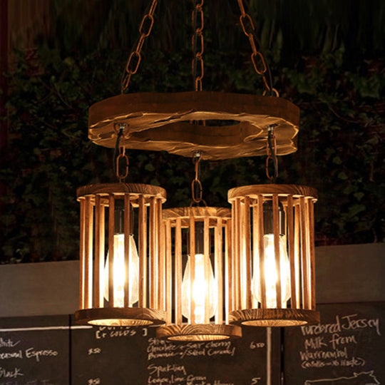 Industrial Wood and Black Cylinder Chandelier with 3 Lights and Chain for Dining Room