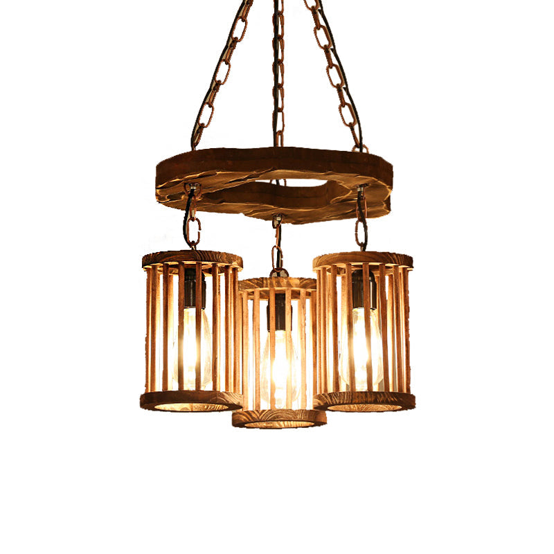 Industrial Wood and Black Cylinder Chandelier with 3 Lights and Chain for Dining Room