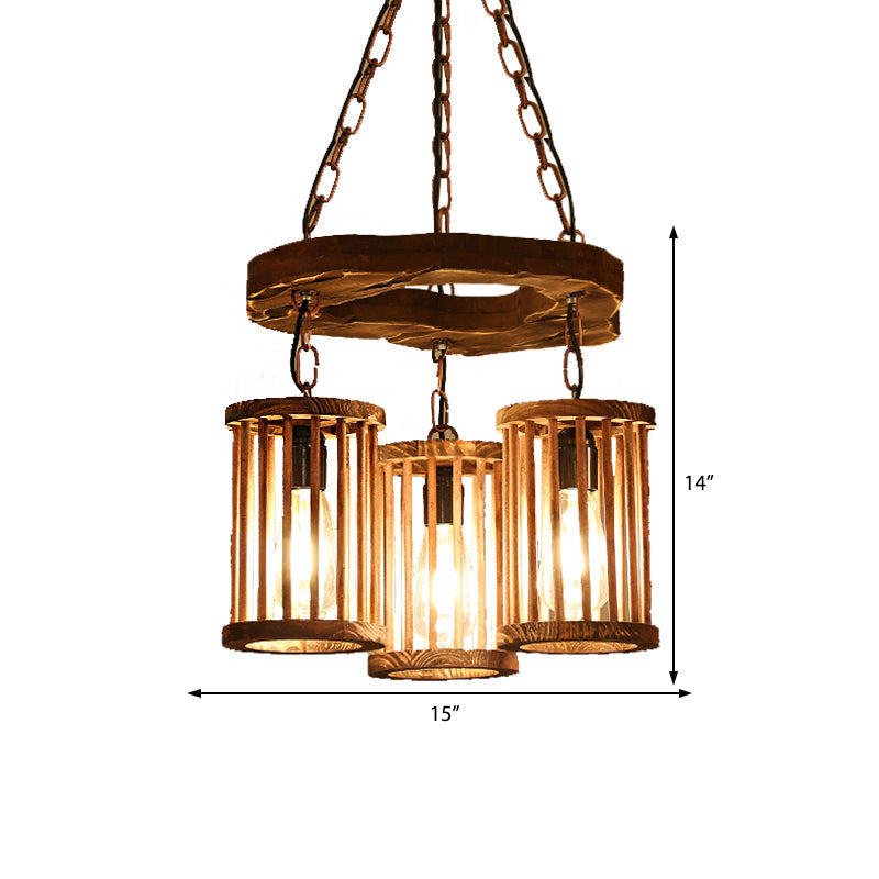 Industrial Black Cylinder Chandelier - 3-Light Wood Hanging Pendant For Dining Room With Chain