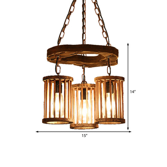 Industrial Black Cylinder Chandelier - 3-Light Wood Hanging Pendant For Dining Room With Chain