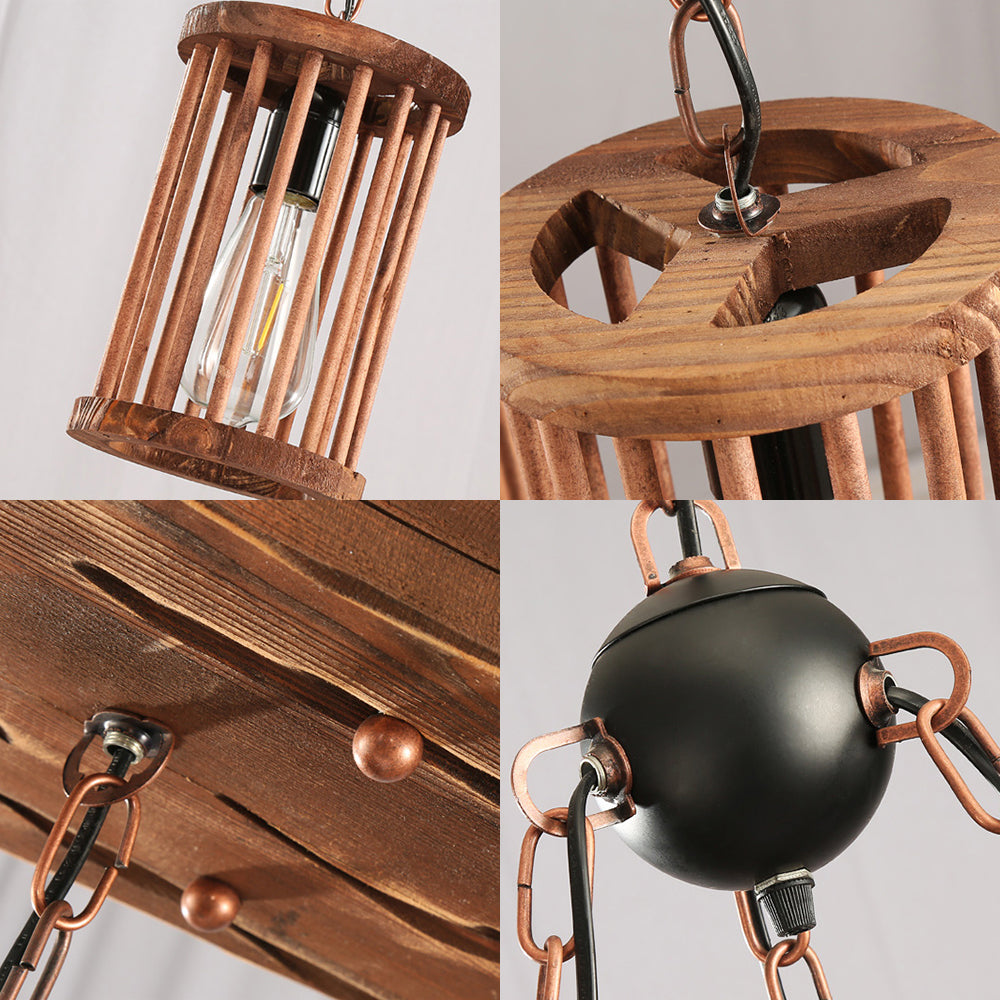 Industrial Wood and Black Cylinder Chandelier with 3 Lights and Chain for Dining Room