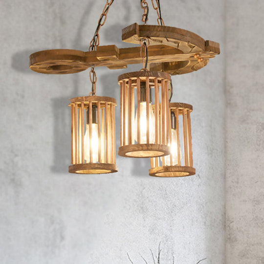 Industrial 3-Light Wood Chandelier Pendant with Cylinder Shade and Chain - Perfect for Dining Rooms