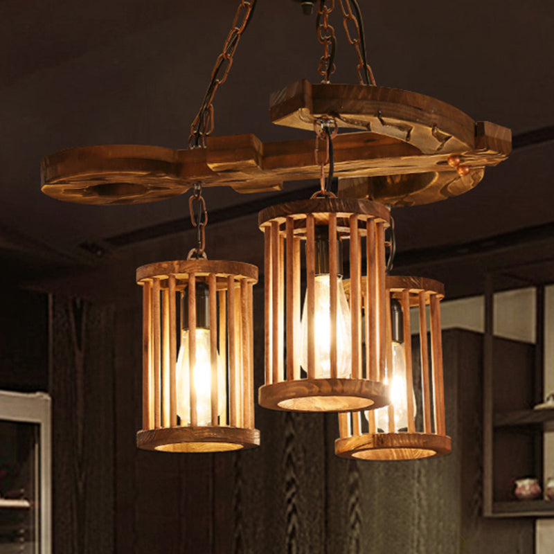 Industrial Wood Chandelier - 3-Light Cylinder Shade Pendant With Chain For Dining Room Lighting