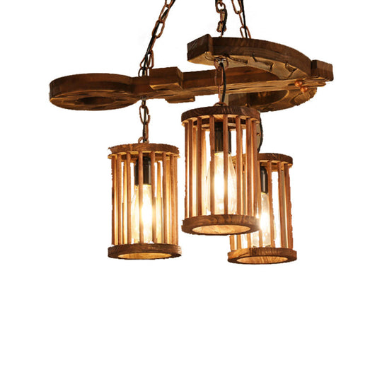 Industrial Wood Chandelier - 3-Light Cylinder Shade Pendant With Chain For Dining Room Lighting