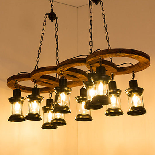 Vintage Black Chandelier Pendant Lamp with Clear Glass Lantern and Wooden Shelf - 10 Lights