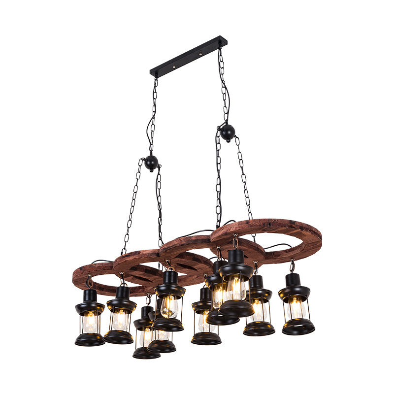 Vintage Black Lantern Chandelier Pendant Lamp - 10 Light Fixture With Clear Glass And Wooden Shelf