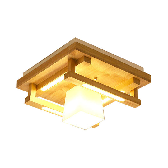 Modernist Wood Square Flush Mount Lighting With 1/4/9 Brown Led Lights And White Glass Cubic Shade