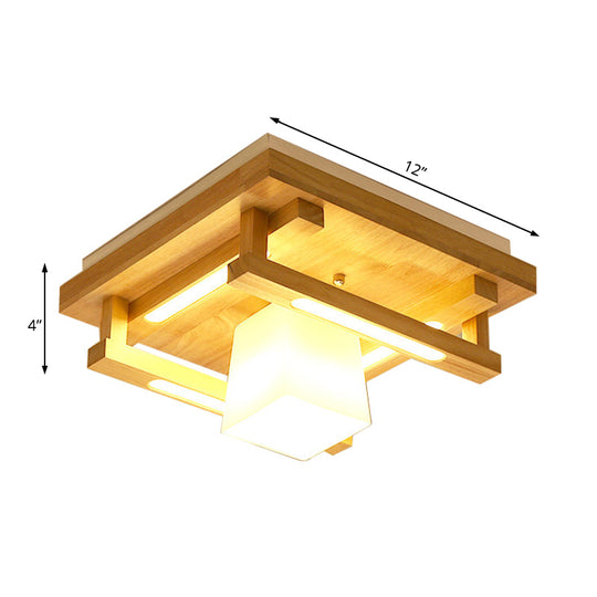 Modernist Wood Square Flush Mount Lighting With 1/4/9 Brown Led Lights And White Glass Cubic Shade