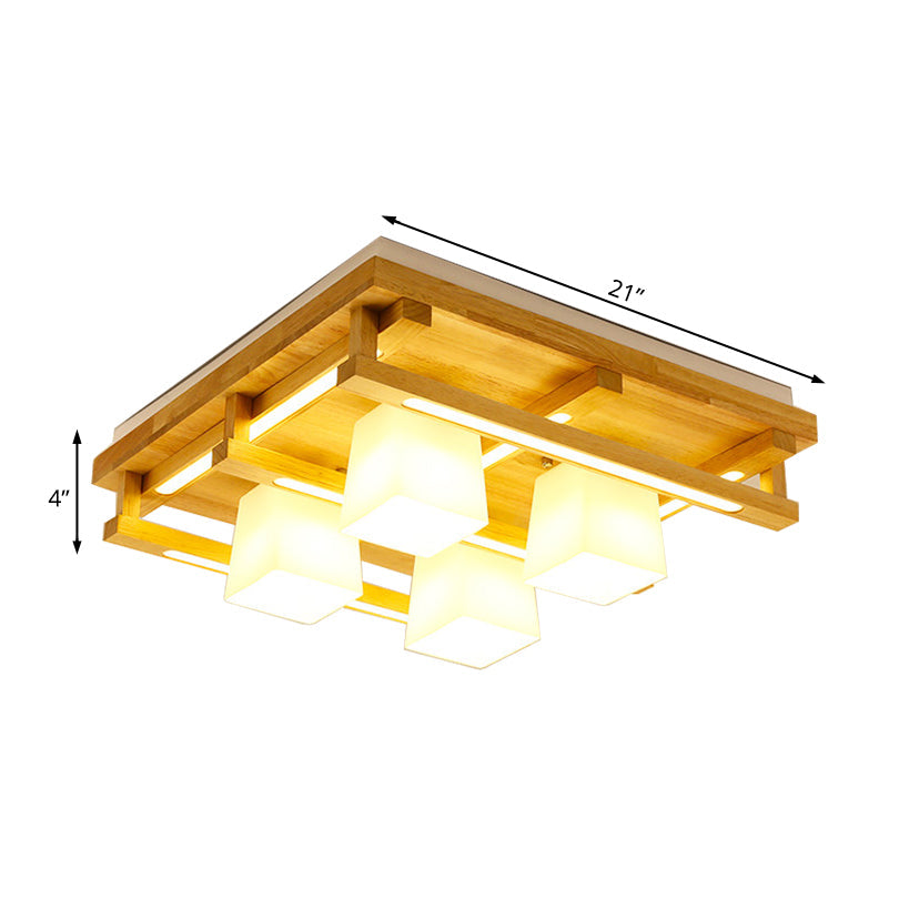 Modernist Wood Square Flush Mount Lighting With 1/4/9 Brown Led Lights And White Glass Cubic Shade