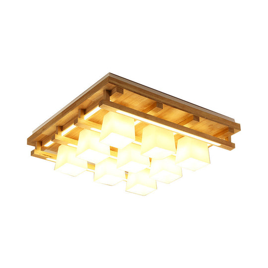 Modernist Wood Square Flush Mount Lighting With 1/4/9 Brown Led Lights And White Glass Cubic Shade