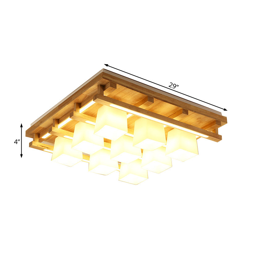 Modernist Wood Square Flush Mount Lighting With 1/4/9 Brown Led Lights And White Glass Cubic Shade