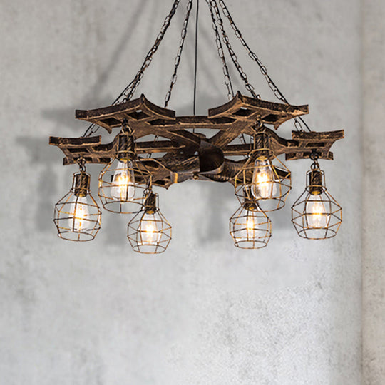 Vintage Bronze Metal Globe Chandelier With 6 Bulbs - Stylish Hanging Ceiling Fixture Cage