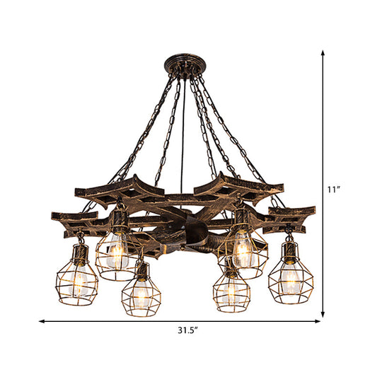 Vintage Bronze Metal Globe Chandelier - 6 Bulbs, Hanging Ceiling Fixture with Cage