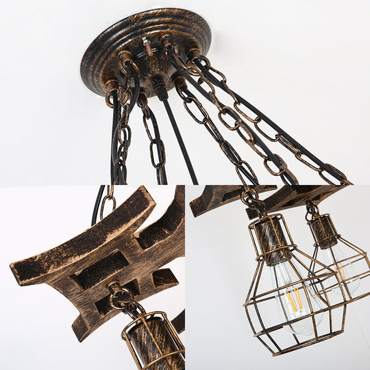 Vintage Bronze Metal Globe Chandelier - 6 Bulbs, Hanging Ceiling Fixture with Cage