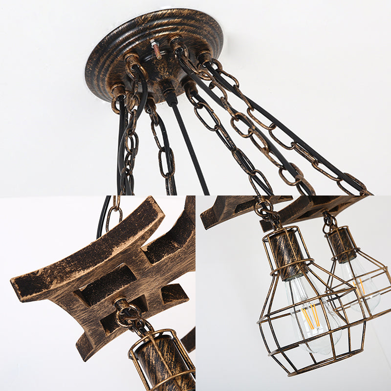 Vintage Bronze Metal Globe Chandelier With 6 Bulbs - Stylish Hanging Ceiling Fixture Cage