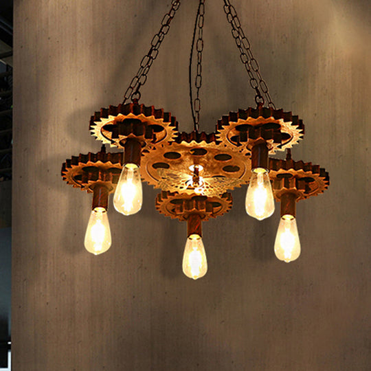 Industrial Wagon Wheel 5-Light Pendant Lamp With Chain - Metal Rust Chandelier