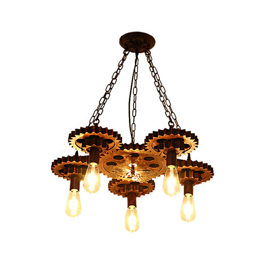 Industrial Wagon Wheel 5-Light Pendant Lamp With Chain - Metal Rust Chandelier