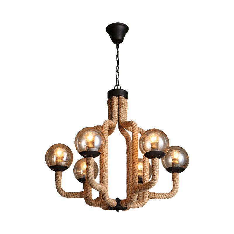 Globe Pendant Chandelier Industrial Rope - 6 Lights Beige - Glass Shade - Living Room Hanging Fixture