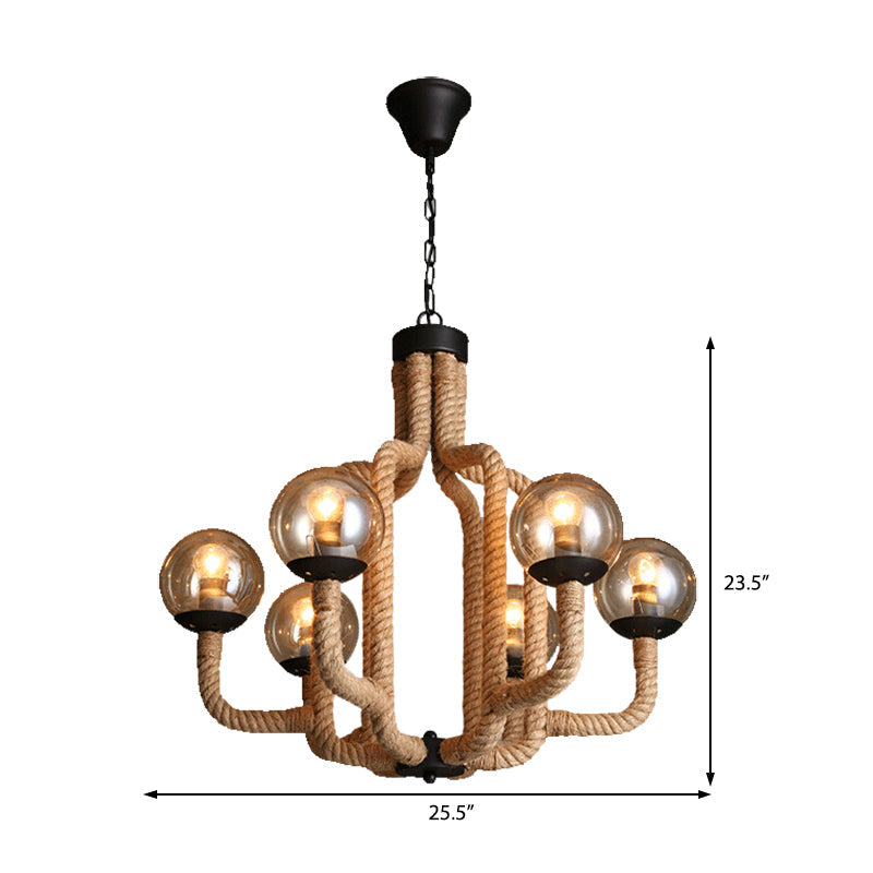 Globe Pendant Chandelier Industrial Rope - 6 Lights Beige - Glass Shade - Living Room Hanging Fixture