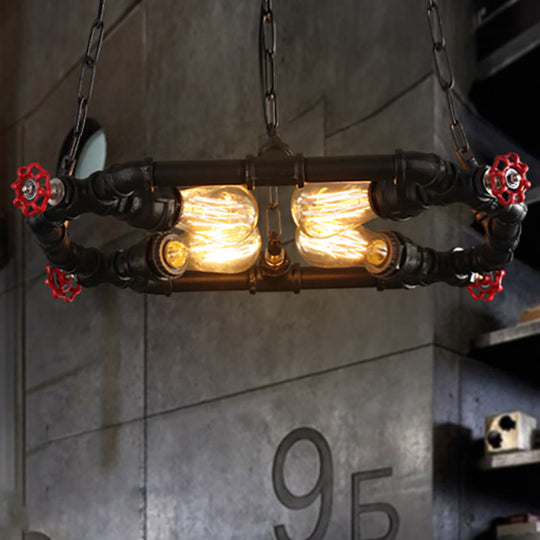 Industrial Black Metal Ceiling Chandelier with Clear Glass and Valve – 4-Light Hanging Fixture