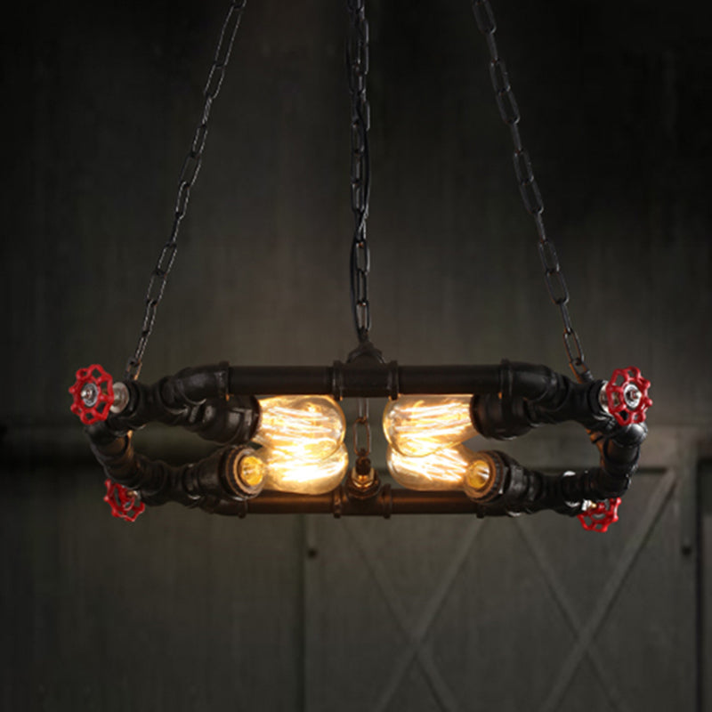 Industrial Black Metal Ceiling Chandelier with Clear Glass and Valve – 4-Light Hanging Fixture