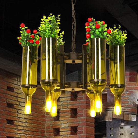 Industrial 6-Light Green Glass Wine Bottle Chandelier: Dining Room Pendant Lighting with Floral Design