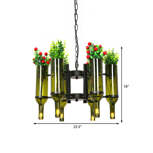 Industrial 6-Light Wine Bottle Green Glass Chandelier Pendant For Dining Room With Flower Detail