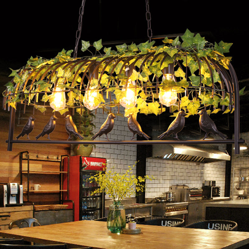 Industrial Black Metal Pendant Lighting: 4-Light Caged Island Design For Dining Room With Bird