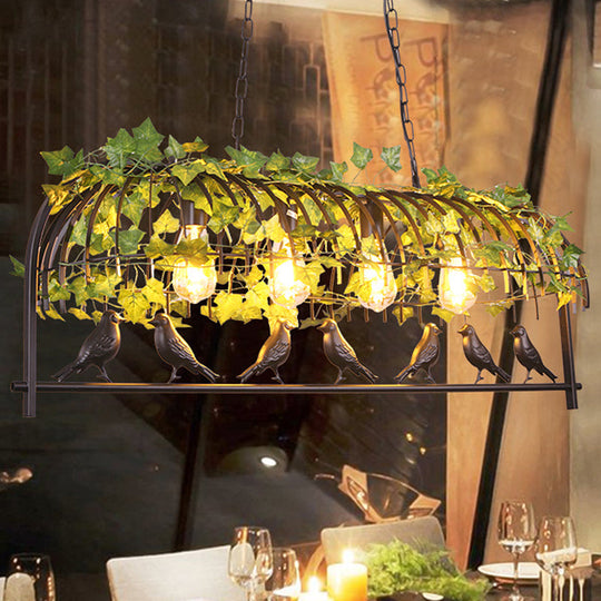 Industrial Black Metal Pendant Lighting: 4-Light Caged Island Design For Dining Room With Bird