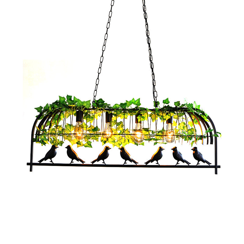 Industrial Black Metal Pendant Lighting: 4-Light Caged Island Design For Dining Room With Bird