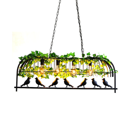 Industrial Black Metal Pendant Lighting: 4-Light Caged Island Design For Dining Room With Bird