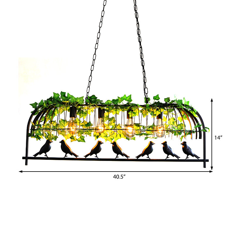 Industrial Black Metal Pendant Lighting: 4-Light Caged Island Design For Dining Room With Bird